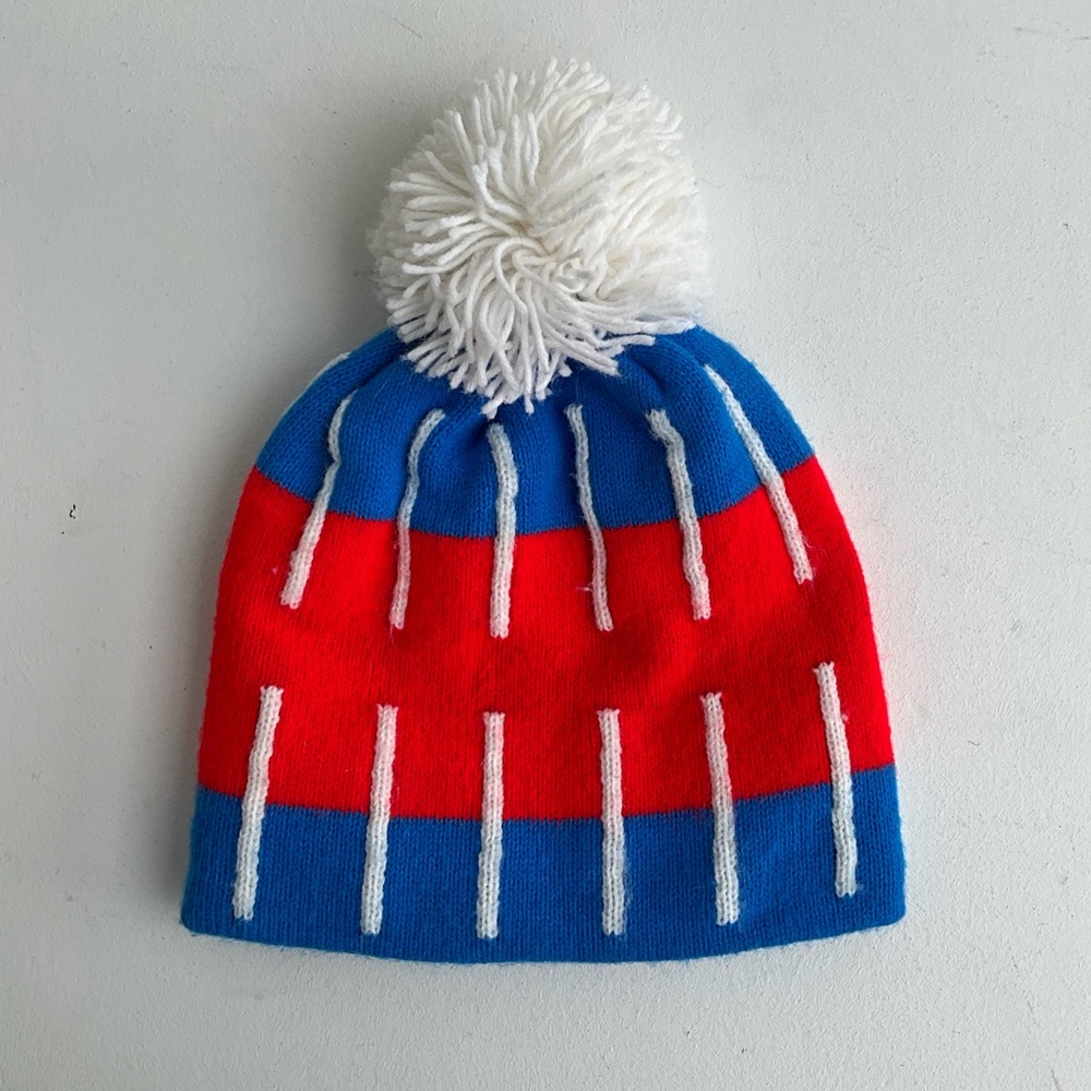 Vintage Red White Blue Pompom Knit Beanie Stocking Cap Hat Adult THE CUTEST!!!